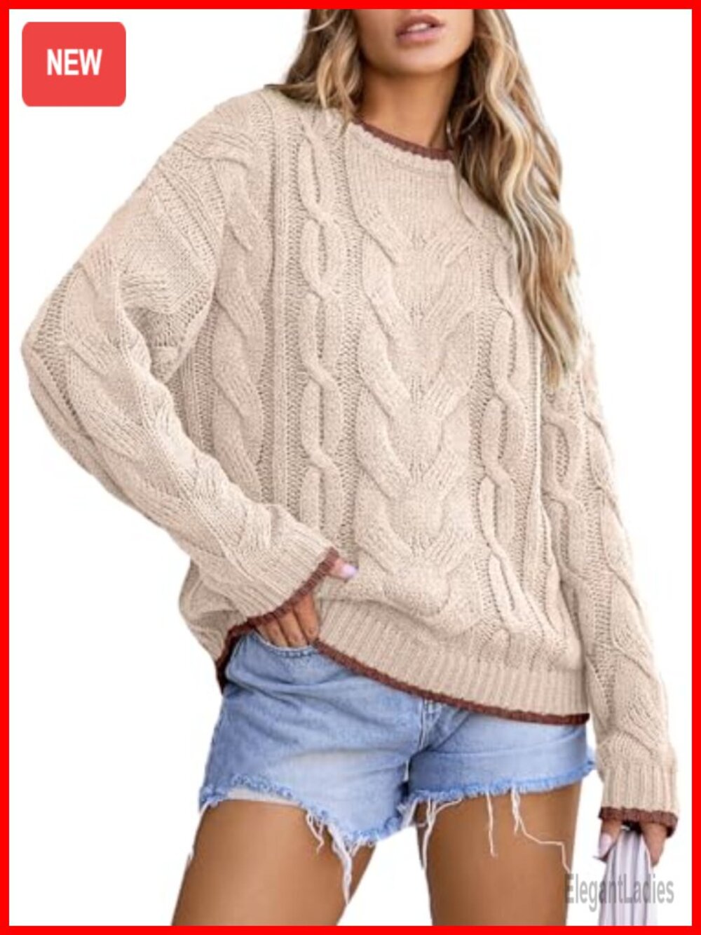 Womens Cable Knit Chunky Sweater Crewneck Pullover Loose Fit